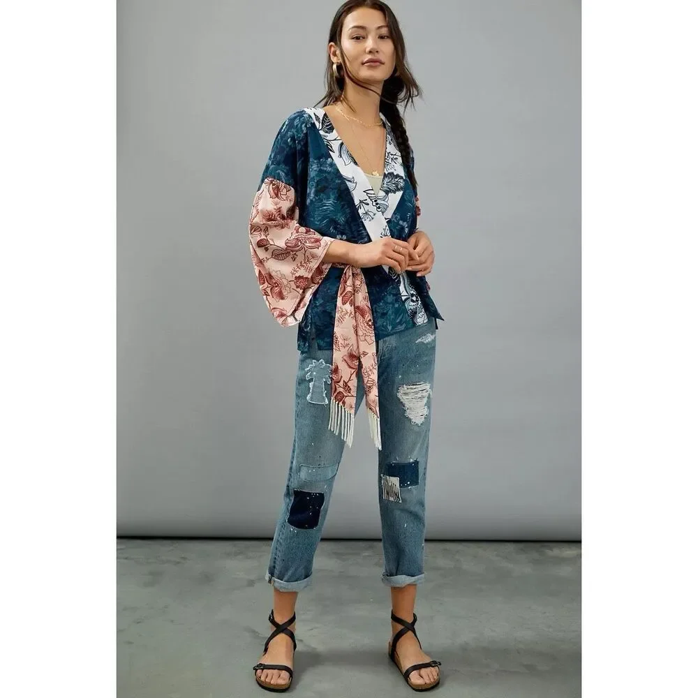 Anthropologie Tori Floral Cropped Belted Kimono Blue Multi One Size - Picture 13 of 13